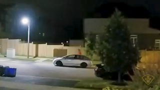 White car parked on a residential street at night.