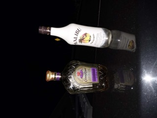 Two bottles of liquor on a dark surface.