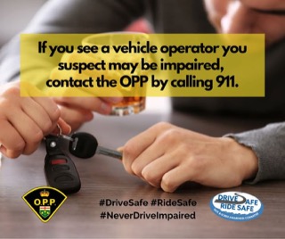 Hands holding car keys, yellow and black graphic, OPP logo, Drive Safe Ride Safe, Never Drive Impaired