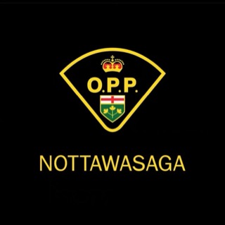 Ontario Provincial Police crest, black shield with gold trim, &quot;O.P.P.&quot; in gold lettering above a red maple leaf with two laurel branches.