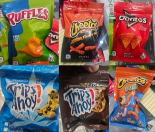 Ruffles potato chips, yellow and red packaging. Cheetos Crunchy, red and yellow packaging, &quot;Extra Flamin' Hot.&quot; Doritos Nacho Cheese, orange and yellow packaging. Three chocolate chip cookies, &quot;Tipsy Cookies,&quot; &quot;Original,&quot; &quot;500mg.&quot;