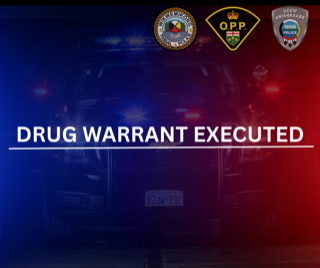 Police badges and &quot;DRUG WARRANT EXECUTED&quot; text