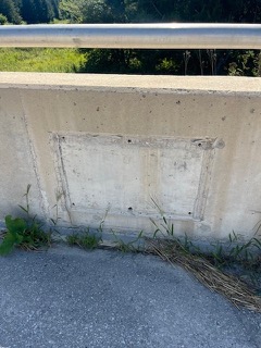 Concrete bridge railing with grass and weeds growing at the base.