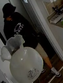 Person wearing a black hoodie and hat, standing near a large white balloon.