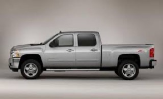 Silver pickup truck, side view
