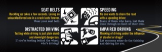 Four images depicting driving safety. SEAT BELTS: A person wearing a seatbelt in a car. Text: &quot;Buckling up takes a few seconds. Losing an unbuckled loved one lasts forever. Wear your seat belt.&quot; SPEEDING: A speedometer showing a high speed. Text: &quot;No one wants to share the road with a speeding driver. Many of them who have, lost their lives through no fault of their own.&quot; DISTRACTED DRIVING: A person holding a phone. Text: &quot;Texting while driving is just plain dumb and downright dangerous. If you're texting behind the wheel, who's driving?&quot; IMPAIRED DRIVING: A person with a confused expression. Text: &quot;Thinking of driving under the influence of alcohol or drugs? Let someone sober do the thinking and driving for you.&quot;