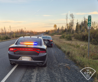 Ontario Provincial Police cruiser with lights on, parked on the shoulder of a highway. Another vehicle is stopped behind it. Road sign reads &quot;740.0&quot;. Forested area on both sides of the road.