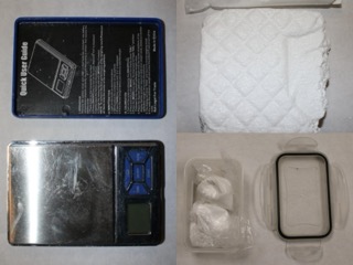 Digital scale with white powder inside.