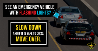 Police car with driver's side door open. SLOW DOWN AND IF IT IS SAFE TO DO SO, MOVE OVER. OPP crest