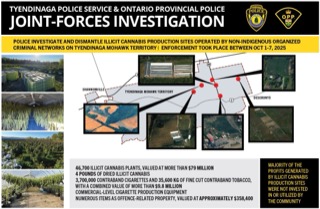 Joint Forces Investigation. Tyendinaga Police Service and Ontario Provincial Police logos. Map showing several locations connected by lines. Text: &quot;46,700 illicit cannabis plants, valued at $79 million. 4 pounds of dried illicit cannabis. 3,700,000 contraband cigarettes and 35,600 kg of fine cut contraband tobacco, with a combined value of more than $9.8 million. Commercial-level cigarette production equipment. Numerous items as offence-related property, valued at approximately $358,400. Majority of the profits generated by illicit cannabis production sites were not invested in or utilized by the community.&quot;