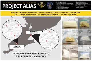 Map of Ontario with red dots indicating locations. Text: OPP Provincial Weapons Enforcement Unit, Project Alias. Text: Illegal Firearms and Drug Trafficking Investigation Results in Seizure of 31 Crime Guns from the US and 12.5 kg of Fentanyl. Text: 14 Search Warrants Executed, 9 Residences + 5 Vehicles. Images of seized firearms, drugs, and money.