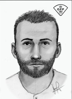 Sketch of a man with short dark hair and a full beard, looking forward.