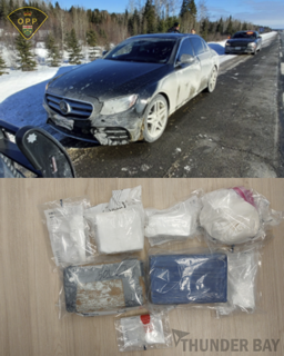 Damaged black car covered in snow and mud. Packages of drugs on a wooden surface.