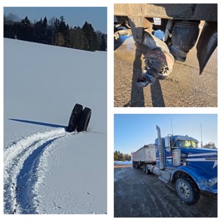 Tire tracks in snow Truck undercarriage detail Blue Kenworth truck Snow-covered landscape
