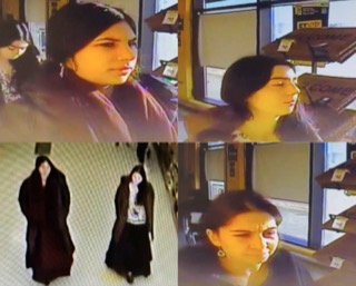 Four-panel image. Panel 1: Person in a dark, floor-length robe walking away. Panel 2: Person in a dark, floor-length robe walking away. Panel 3: Person with dark hair and earrings looking off to the side. Panel 1: Person in a dark, floor-length robe walking away.
