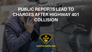 Man in a dark hooded jacket. Public Reports Lead to Charges After Highway 401 Collision. O.P.P. logo. Northumberland.