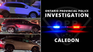 Damaged red SUV with police lights