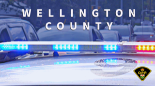 Police vehicles with flashing lights on a snowy road.