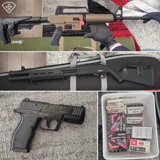 Shotgun with accessories, ammunition package visible