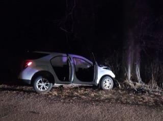 Damaged white sedan off-road in a wooded area