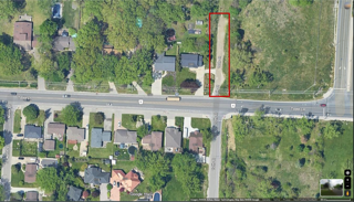 Aerial view of a residential intersection.