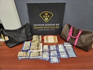 Stacks of Canadian currency and two Louis Vuitton handbags.