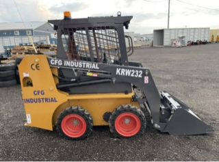 Yellow skid steer with black bucket, red wheels, CFG INDUSTRIAL