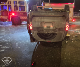 Damaged pickup truck, rear view