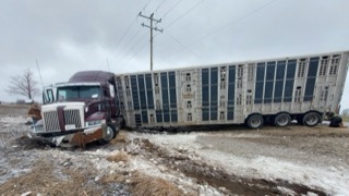 Semi-truck with trailer off the road in snow.