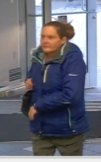 Person wearing a blue jacket and green pants