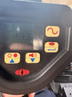Yellow button with a wavy line. Yellow button with a thermometer and arrow pointing right. Yellow button with a sun and downward arrow. Yellow button with a speaker icon. Red button with eye icon.