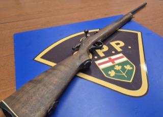 Rifle on a blue surface with a police emblem