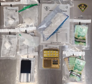 Plastic bags with green plant material, Canadian twenty-dollar bills, scales, and paperwork.