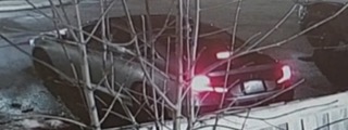 Red car headlights illuminating bare tree branches.