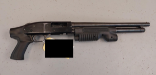Black shotgun with extended magazine.