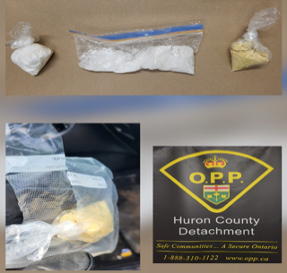 Small baggies of white powder, Huron County Detachment logo, Safe communities... A Secure Ontario, 1-888-310-1122, www.opp.ca