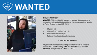 Wanted, Brayton Kennedy, 28 years old, 180cm (5’11”), 118kg (260 LB), brown hair, blue eyes, tattoo above left eyebrow. If seen, do not approach.