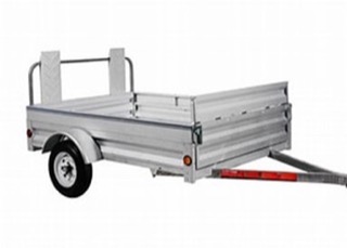 Gray cargo trailer with roof rack, dual tires, and diamond plate front.
