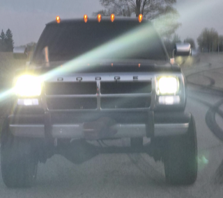 Modified pickup truck with bright headlights