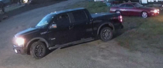 Black pickup truck parked on grass.
