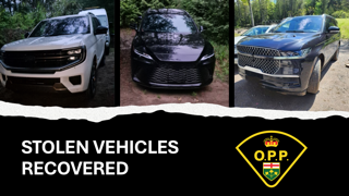 Three vehicles: black SUV, black sedan, black sedan. Stolen vehicles recovered. O.P.P. emblem.