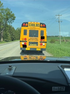 Yellow school bus, rear view, with &quot;SCHOOL BUS&quot; and emergency number displayed. &quot;DO NOT PASS WHEN RED LIGHTS FLASHING&quot; text visible. Green field in background.