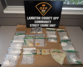 Lambton County OPP Community Street Crime Unit. Numerous baggies of suspected drugs and stacks of Canadian currency on a table.
