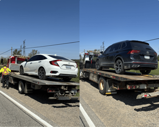 White sedan and black SUV on a car carrier truck